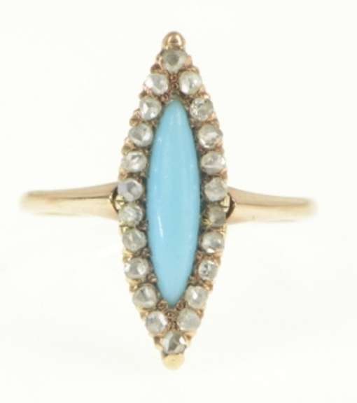 10K Yellow Gold Victorian Marquise Turquoise Rose Diamond Ring