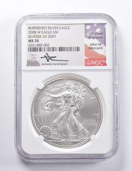 MS70 2008-W American Silver Burnished Eagle REV 2007 Sign Mercanti NGC