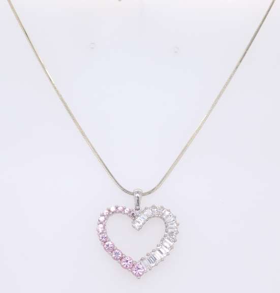 Vintage 925 Sterling Silver Cubic Zirconia Heart Shaped Pendant on Chain
