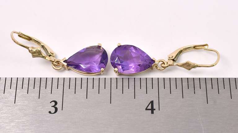 Cute Tear Drop Amethyst Earrings In Yellow Gold