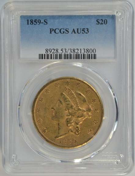 Nearly BU rare 1859-S Type 1 $20 Liberty Gold Piece. PCGS AU53