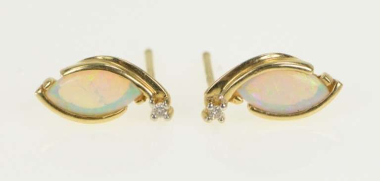 14K Yellow Gold Marquise Natural Opal Diamond Accent Stud Earrings