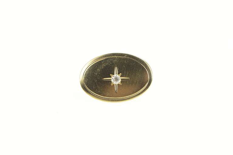 14K Yellow Gold Retro Diamond Inset Oval Grooved Lapel Pin/Brooch