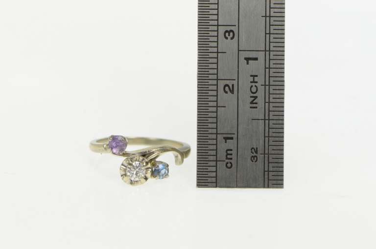 14K White Gold 1950's Diamond Ruby Blue Topaz Bypass Ring