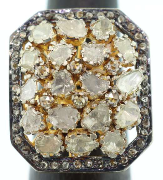Exquisite Mine Cut Diamond Cluster Ring with Gold Plated Silver and Diamond Accents