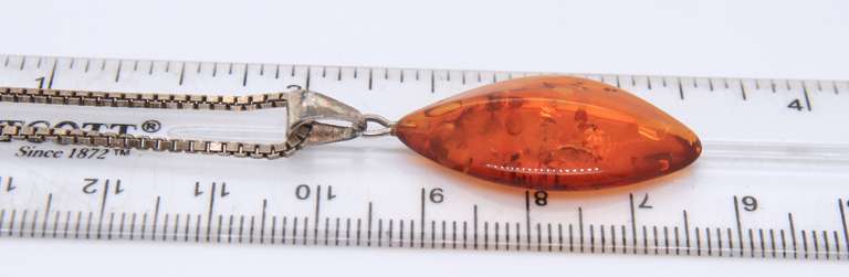 Vintage 925 Sterling Silver Amber Pendant on Box Chain Necklace