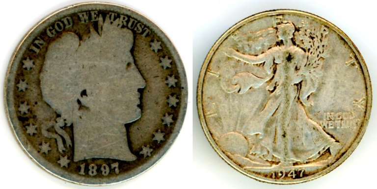 Two Different Types of US Half Dollar: 1897 Barber & 1947 Walking Liberty