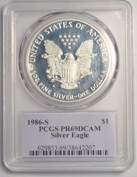 1986-S Proof American Silver Eagle PCGS PR69DCAM Thomas S. Cleveland Signature Label.