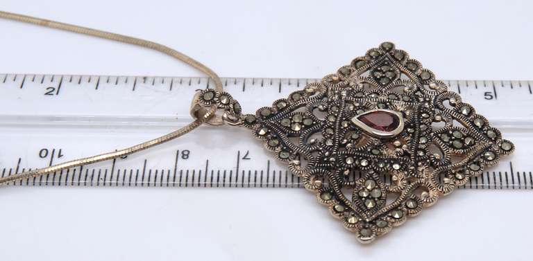 Vintage 925 Sterling Silver Marcasite Pendant on Italian Chain Necklace