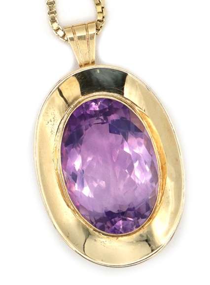 45.0ct Oval Amethyst Bezel Set Large Pendant Necklace in 14KT