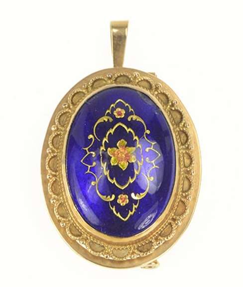 14K Yellow Gold Victorian Royal Blue Floral Enamel Pendant/Pin