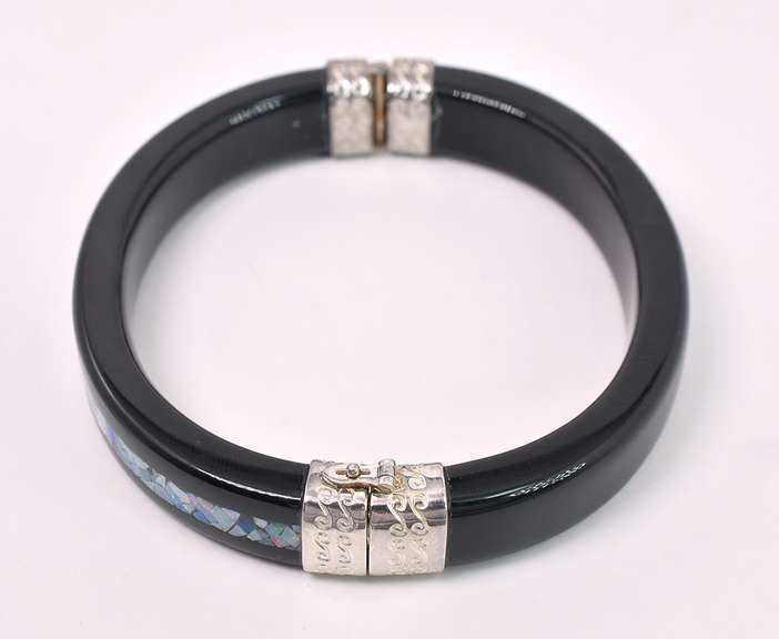 Beautiful Black Agate and Opal Hinged Bangle In Sterling Silver