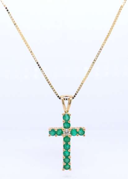Stunning Yellow Gold Emerald and Diamond Cross Pendant on Chain