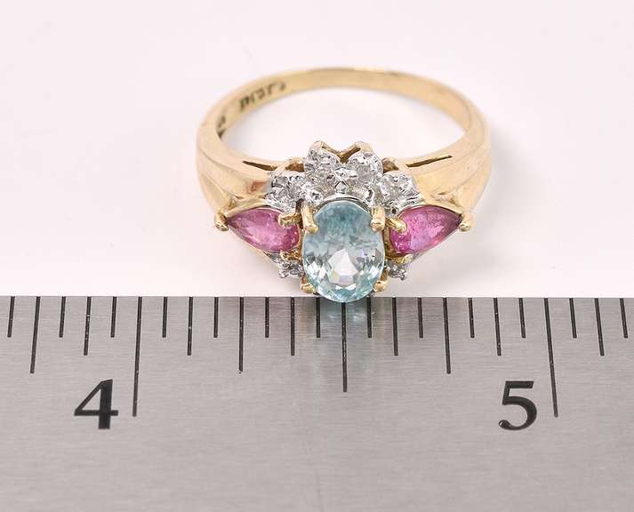 Amazing Blue Topaz and Pink Tourmaline Ring In 14K Yellow Gold
