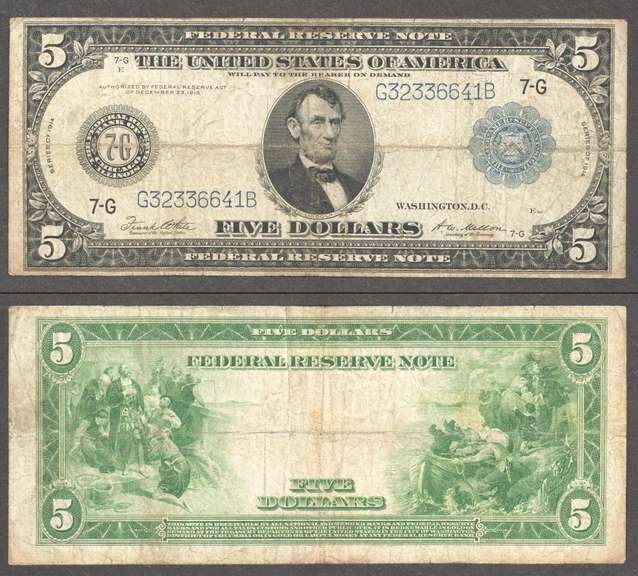 $5 1914 FRN Blue Seal and Serial numbers Chicago District Fine