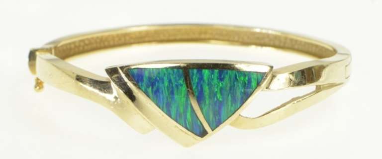 14K Yellow Gold Black Opal Inlay Triangle Bangle Statement Bracelet