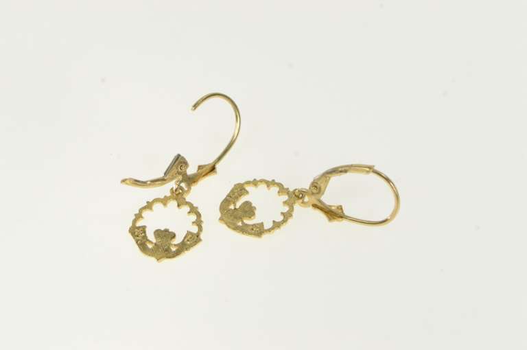 14K Yellow Gold Traditional Celtic Irish Claddagh Dangle Earrings