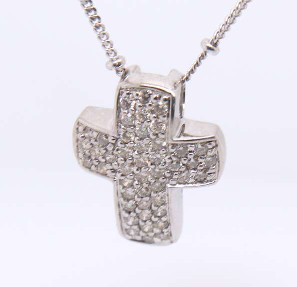Dazzling White Gold Pave Diamond Cross on Saturn Chain