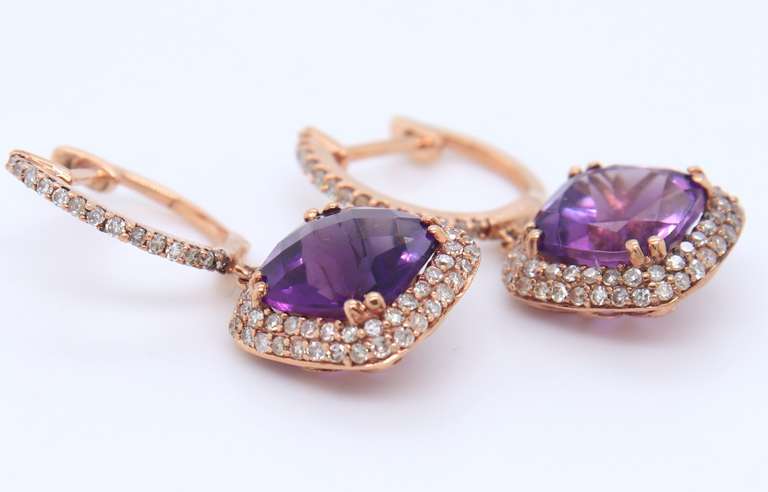 Attractive Rose Gold Amethyst and Diamond Dangle Earrings
