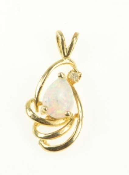 14K Yellow Gold Pear Syn. Opal Diamond Accent Classic Pendant