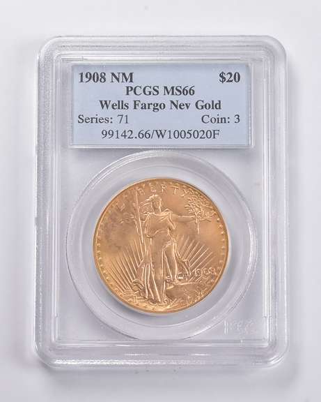 MS66 1908 NM $20 Saint-Gaudens Gold Double Eagle Wells Fargo NV PCGS