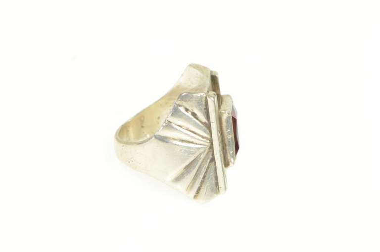 Sterling Silver Garnet Squared Southwestern Stamped OA Ring
