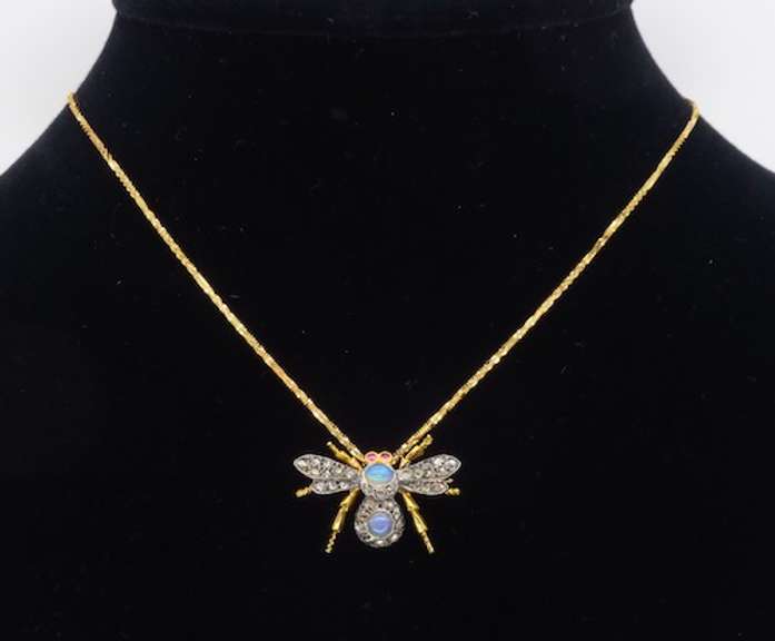 Vintage Opal, Ruby & Diamond Bee Pin/Necklace