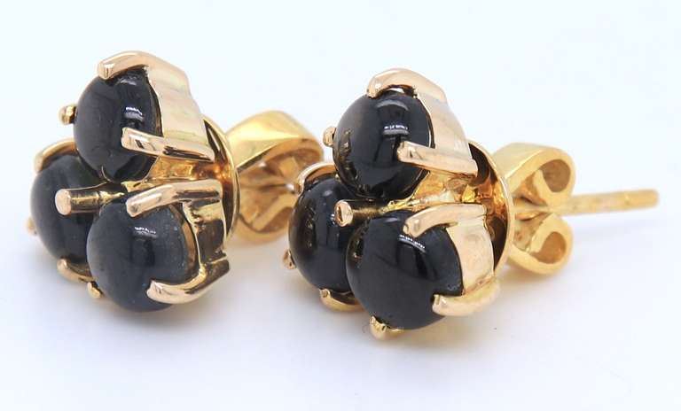 Beautiful Yellow Gold Three Stone Star Sapphire Stud Earrings