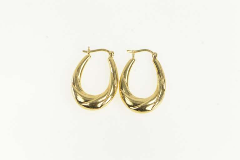14K Yellow Gold Puffy Twist Retro Oval Statement Hoop Vintage Earrings