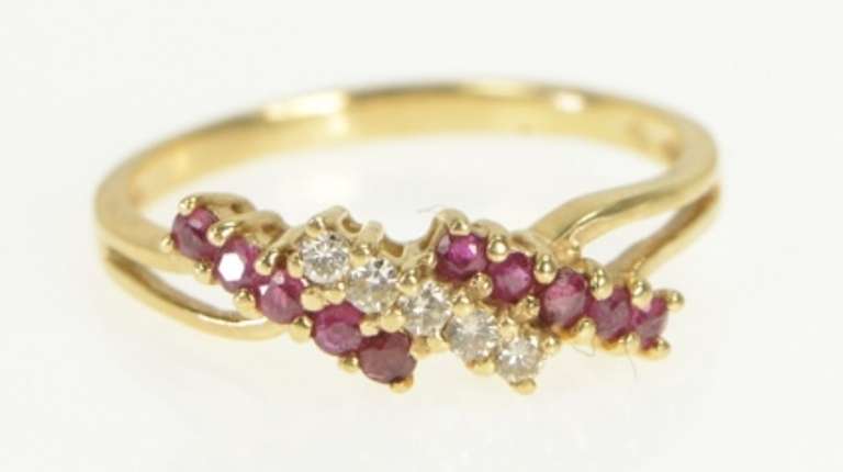 14K Yellow Gold Natural Ruby Diamond Bypass Vintage Band Ring