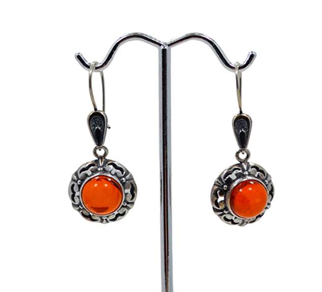 Vintage Pair of 925 Sterling Silver and Baltic Amber Drop Earrings