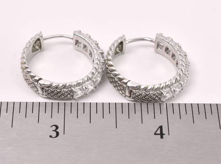 White Crystal Hinged Hoop Earrings In Sterling Silver