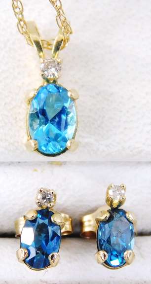 14K Blue Topaz & Diamonds Necklace & Earrings