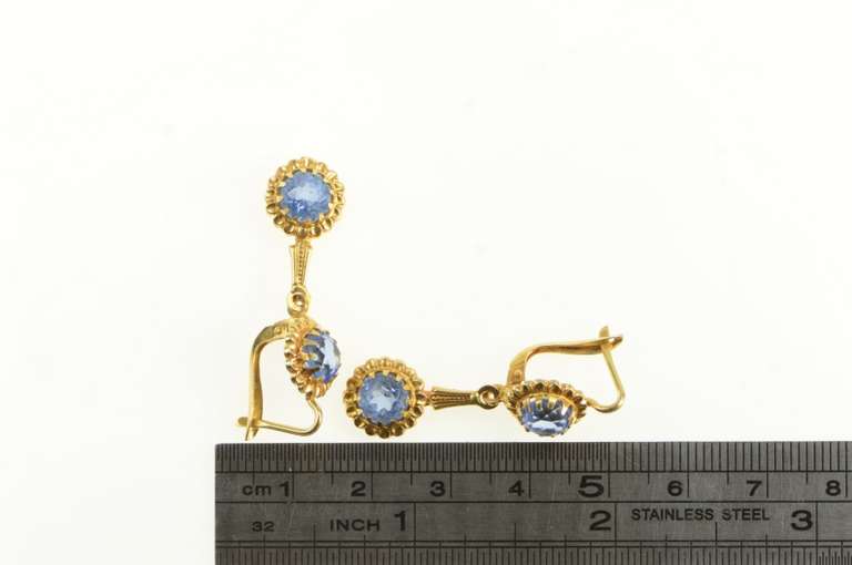 18K Yellow Gold 1940's Sim. Sapphire Ornate Floral Dangle Earrings