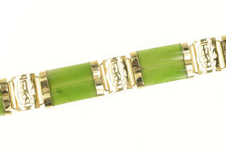 14K Yellow Gold Carved Jade Ornate Chinese Character 1950's Bracelet