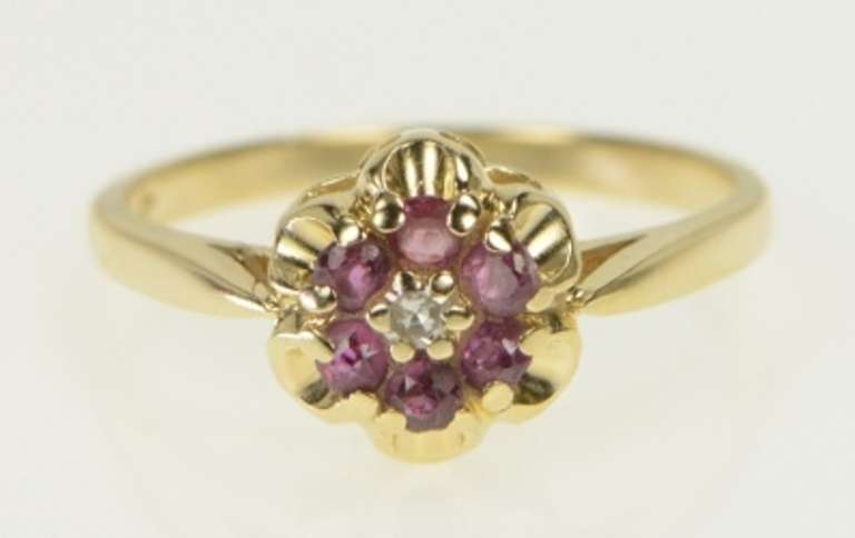 14K Yellow Gold 1960's Diamond Ruby Halo Flower Cluster Ring