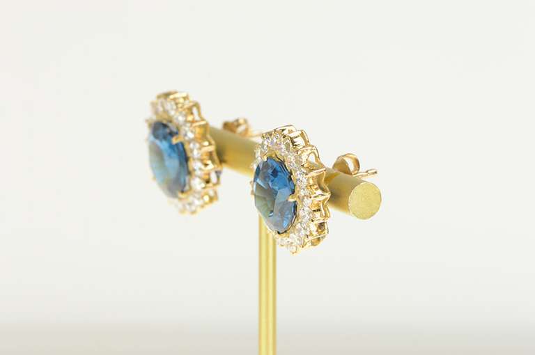 14K Yellow Gold Oval London Blue Topaz Halo Statement Stud Earrings