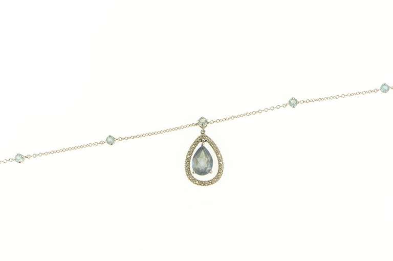 10K White Gold Pear Blue Topaz Diamond Accent Halo Chain Necklace