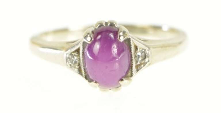 14K White Gold Oval Syn. Star Ruby Diamond 1940's Statement Ring