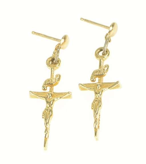 14K Yellow Gold Dangle Cross Crucifix Christian Jesus Christ Earrings