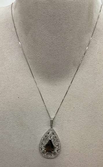 BRAND NEW 14K white gold  smokey quartz and diamond pendant and chain.