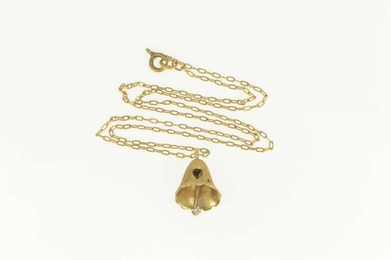 14K Yellow Gold 1960's Diamond Wedding Bell Classic Chain Necklace
