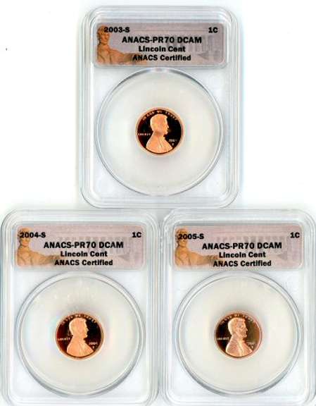 3 Different Lincoln Memorial Cents in ANACS PR70 DCAM