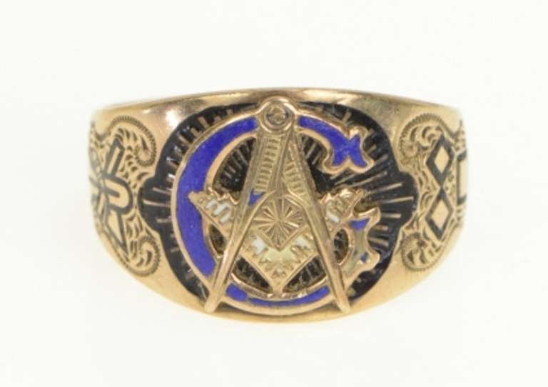 10K Yellow Gold Victorian Masonic G Compass Square Enamel Ring