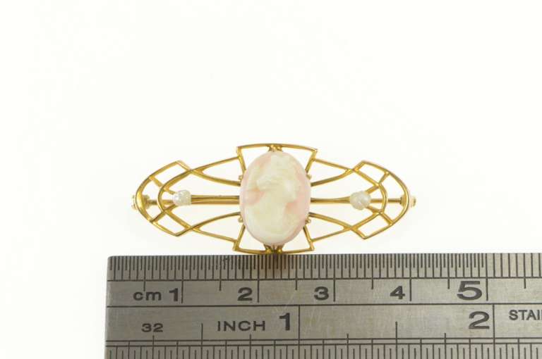 10K Yellow Gold Victorian Coral Cameo Seed Pearl Ornate Pin/Brooch