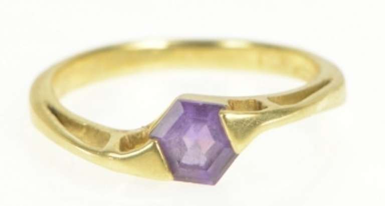 14K Yellow Gold Hexagon Amethyst Honeycomb Bypass Ring