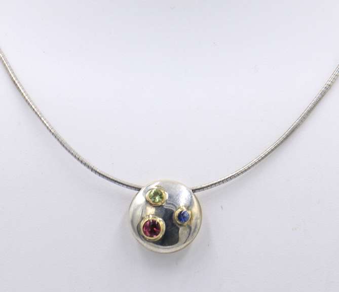 Tiffany & Co Disc Pendant with Colored Gems on Snake Chain