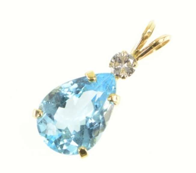 14K Yellow Gold 11.45 Ctw Pear Blue Topaz Diamond Cluster Pendant