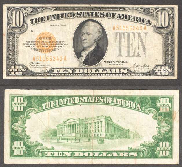 $10 1928 Gold Certificate Fr. 2400 Payable in Gold Very Fine