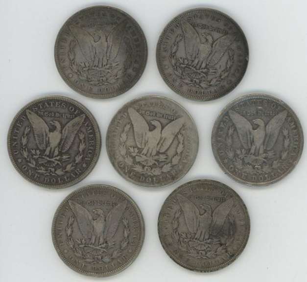 7 Different old Morgan Silver Dollars 1879 to 1900-O